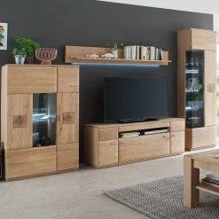 Wohnkombination in Eiche Bianco teilmassiv Pontros optional mit LED (vierteilig)