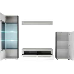 Wohnzimmer Anbauwand Jetongos in Weiß Hochglanz (vierteilig)