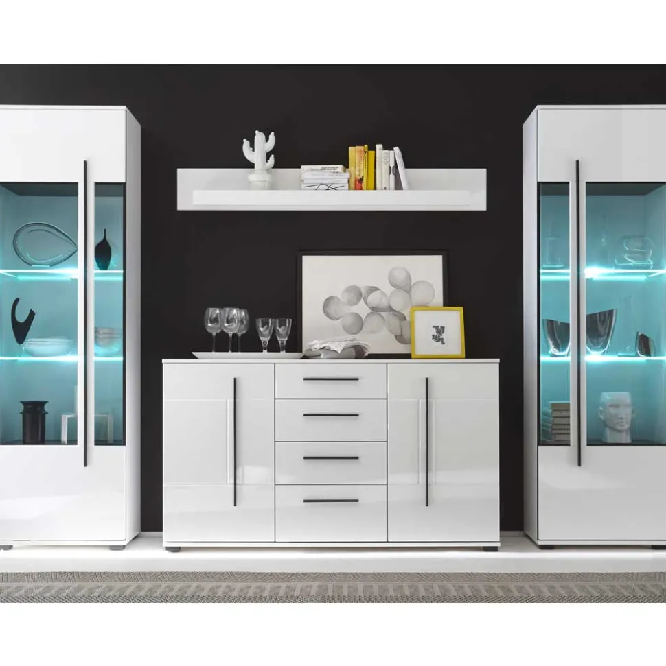 Wohnzimmer Schrankwand Jetongos in Weiß Hochglanz (vierteilig)