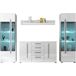 Wohnzimmer Schrankwand Jetongos in Weiß Hochglanz (vierteilig)