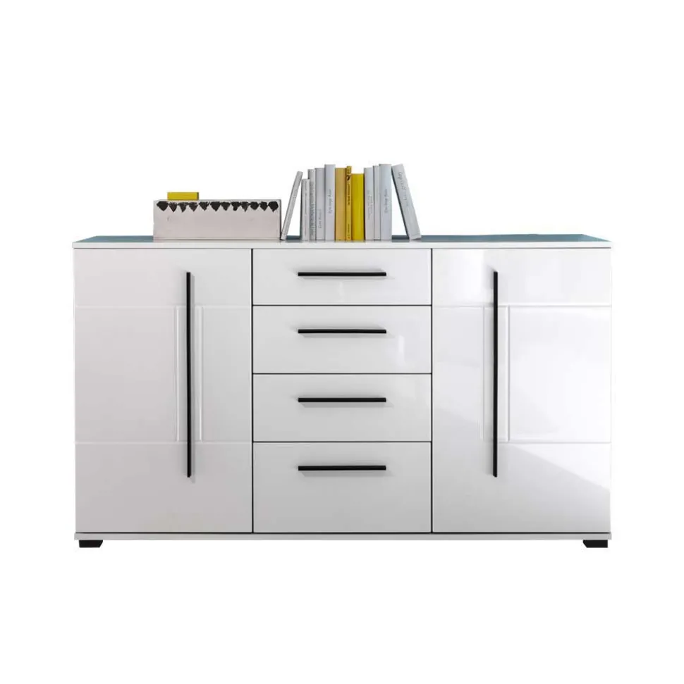 Wohnzimmer Schrankwand Jetongos in Weiß Hochglanz (vierteilig)