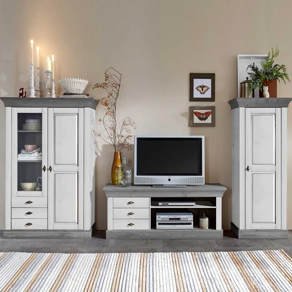 Wohnzimmer Wohnwand Mirandesca in Weiß Grau teilmassiv (dreiteilig)