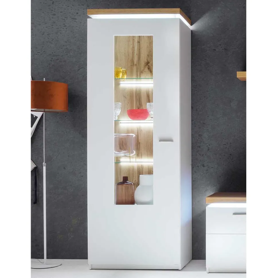 Wohnzimmervitrine in Weiß & Dekor Wildeiche - Caldri