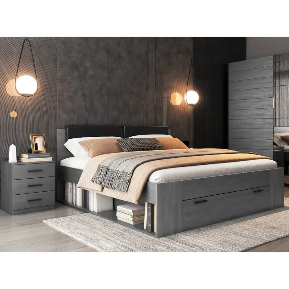 140x200 Bett mit Stauraum in Eiche Grau - Carika