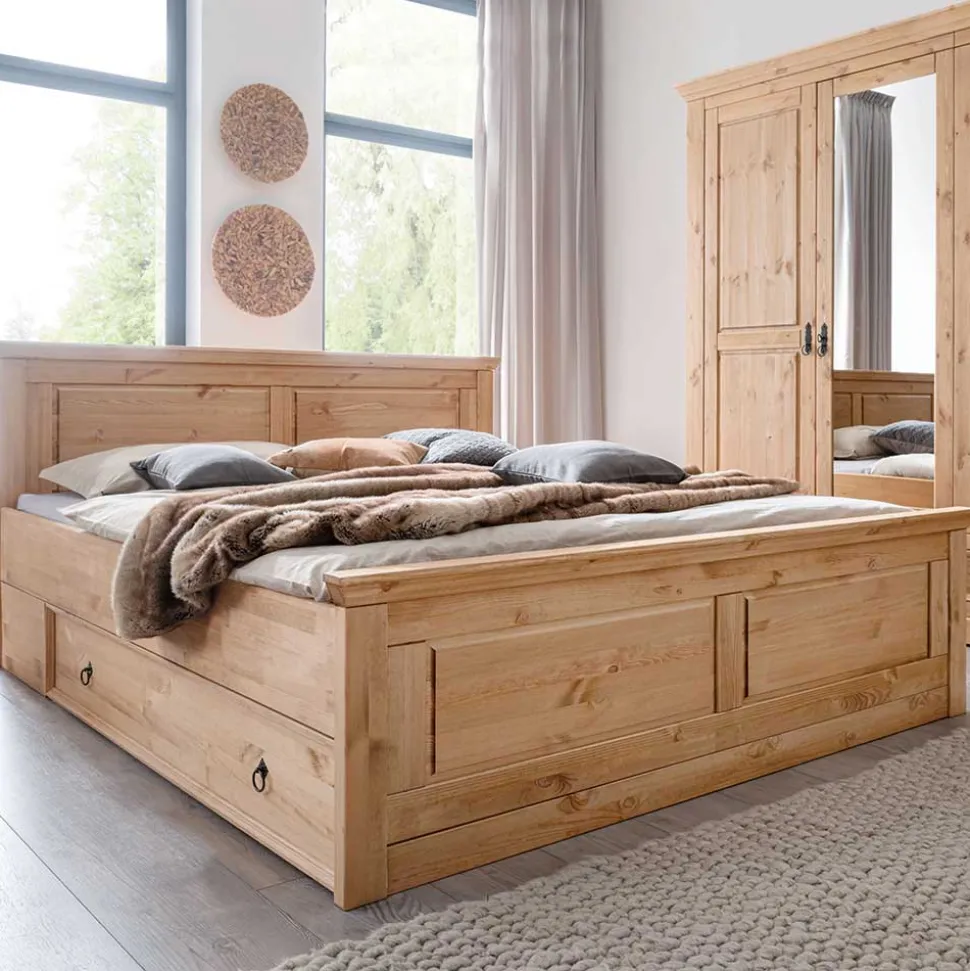 180x200 Landhausbett aus Kiefer gebeizt & geölt - Voeca