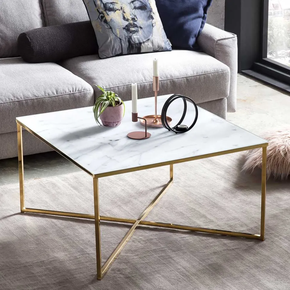 80x80 Quadrat Couchtisch in Marmor Optik & Gold - Hulmane