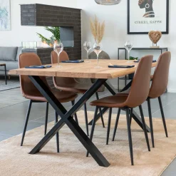 X-Fuß Esszimmertisch & Kunstlederstühle Braun - Gyrineva (fünfteilig)
