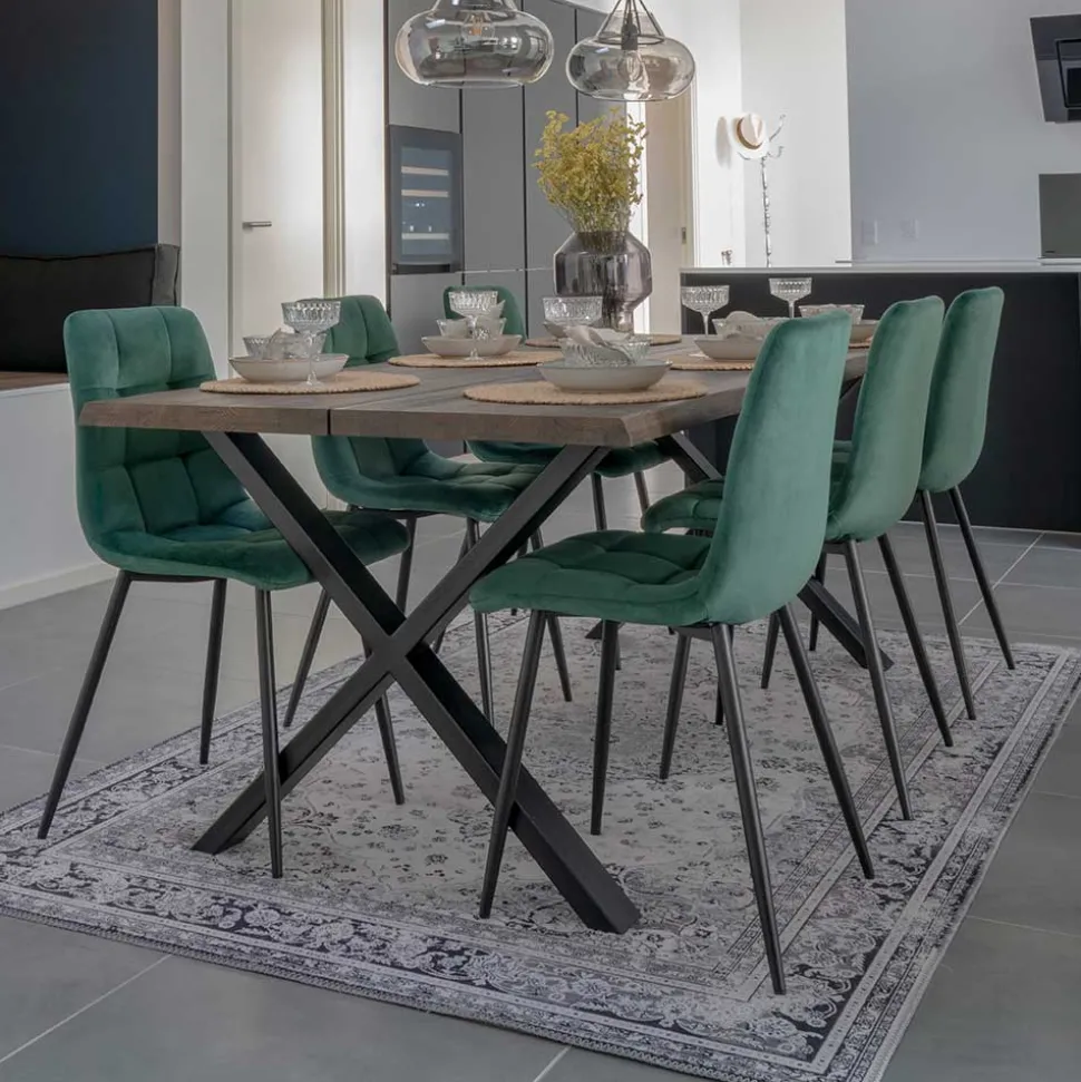 X-Fuß-Tisch & Samtstühle - Domniar (siebenteilig)