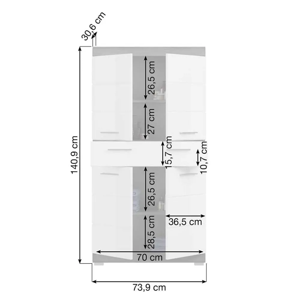 74x141x31 Badezimmer Highboard mit 4 Türen & Schublade - Nancys