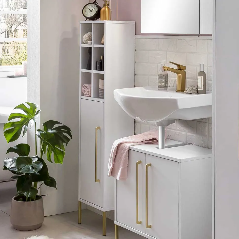 30x131x22 Badschrank in Weiß & Gold - Nuszaleva I