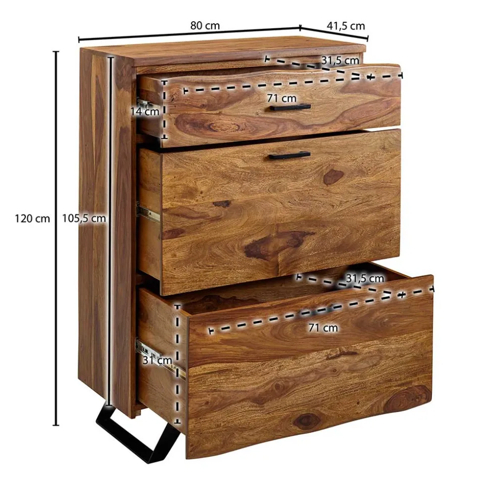 80x120x42 cm Hochkommode aus Sheesham massiv - Elmin