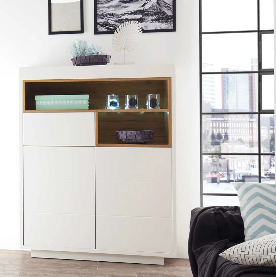 99x135x40 Design Highboard in Weiß & Eiche - Rucian