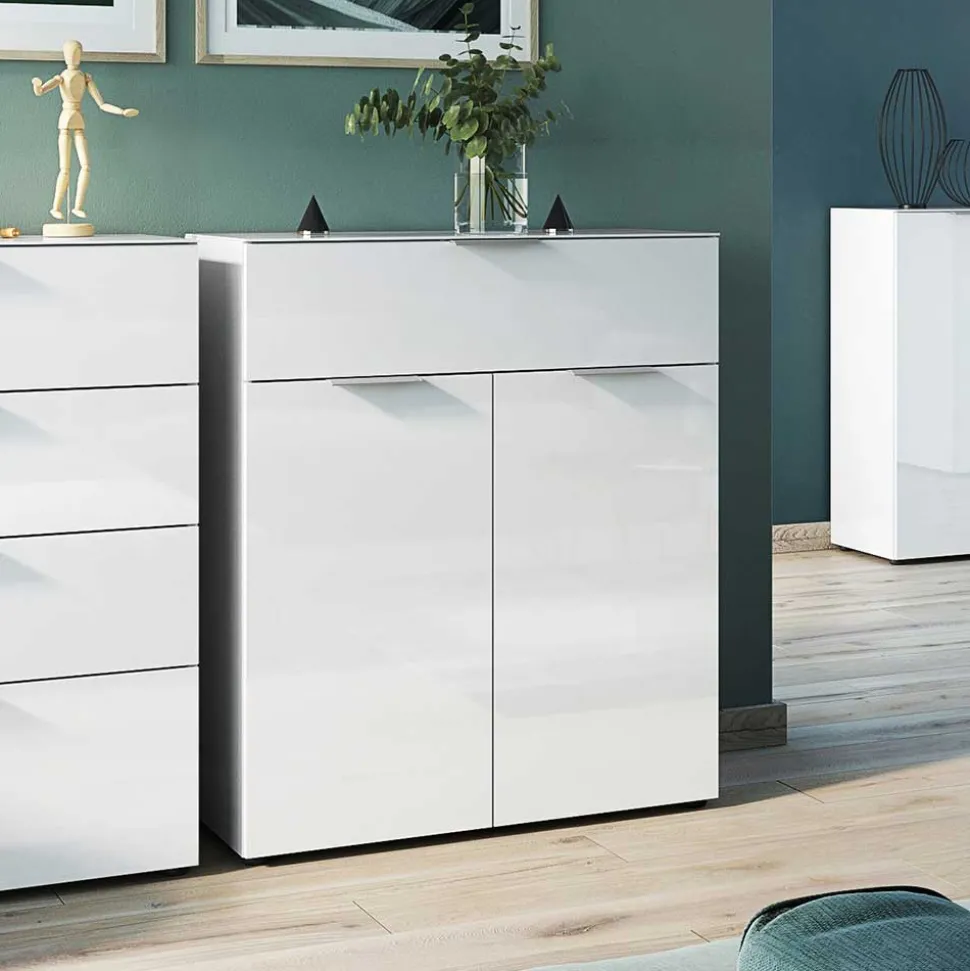 83x101x42 Design Vertiko in Weiß mit Glas - Soraga