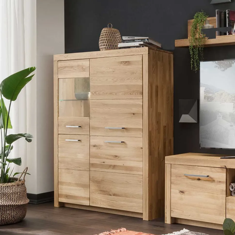 102x141x40 Highboard aus Wildeiche mit Glaseinsatz - Loitons