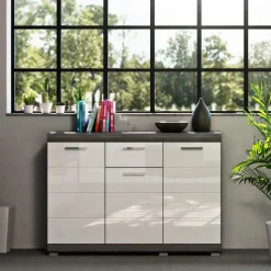 120x85x37 Hochglanz Kommode in Weiß & Grau - Nancys