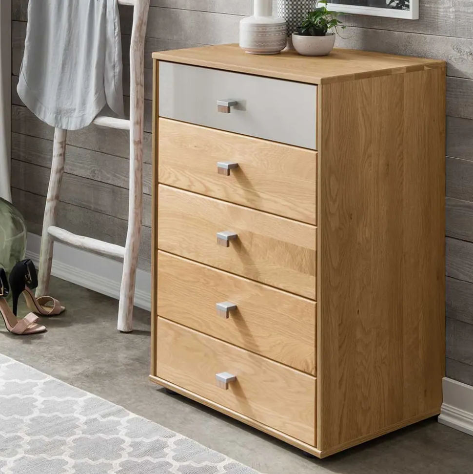 60x86x43 Hochkommode in Beige Glas & Eiche - Emdsiva