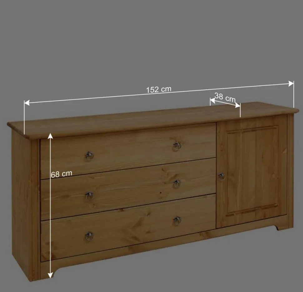 152x68x38 Holzkommode mit 3 breiten Schubladen - Imressa