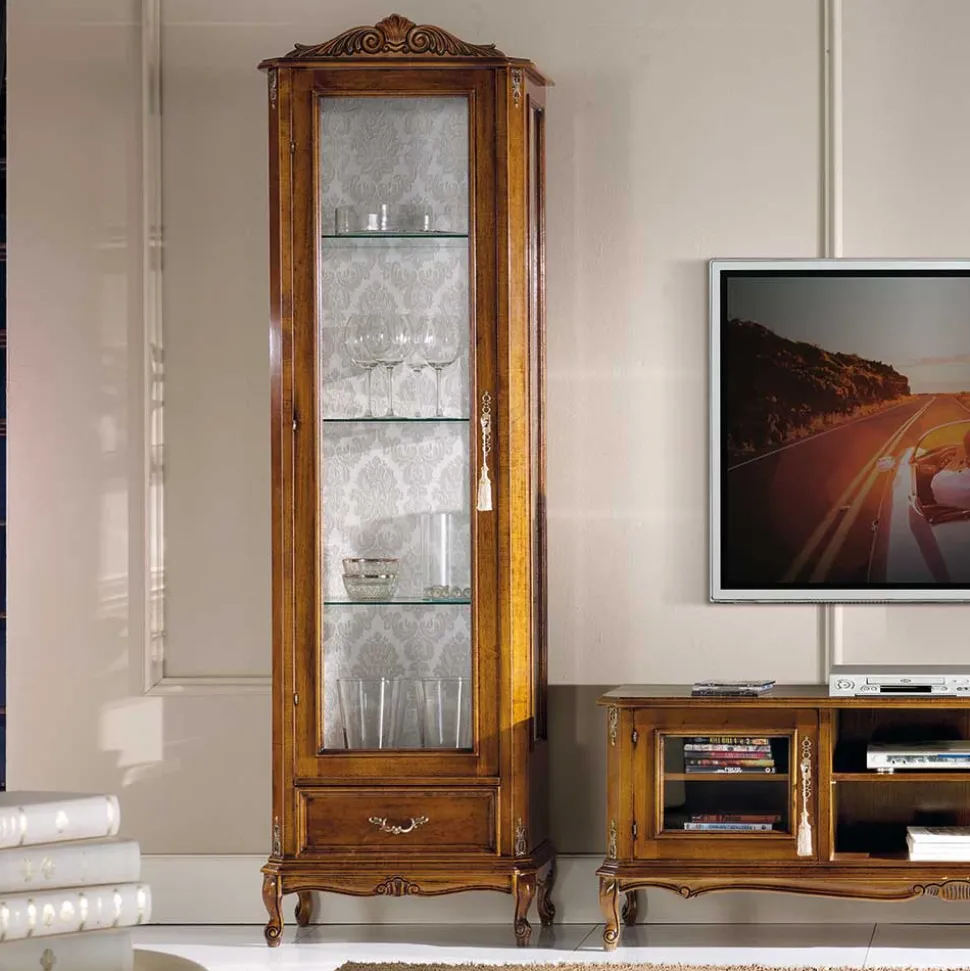 58x184x35 Italienische Vitrine in Nussbaum - Carlenna