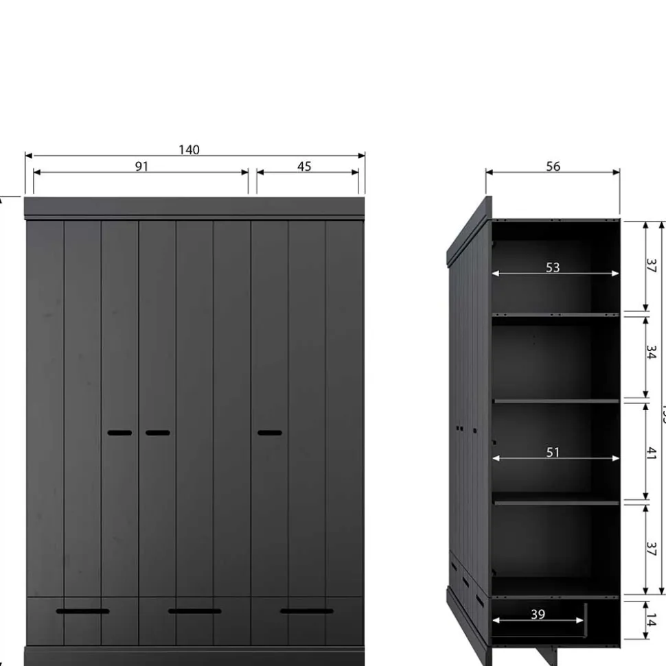 140x195x53 Kleiderschrank 3-türig & 3 Schubladen - Vindrus