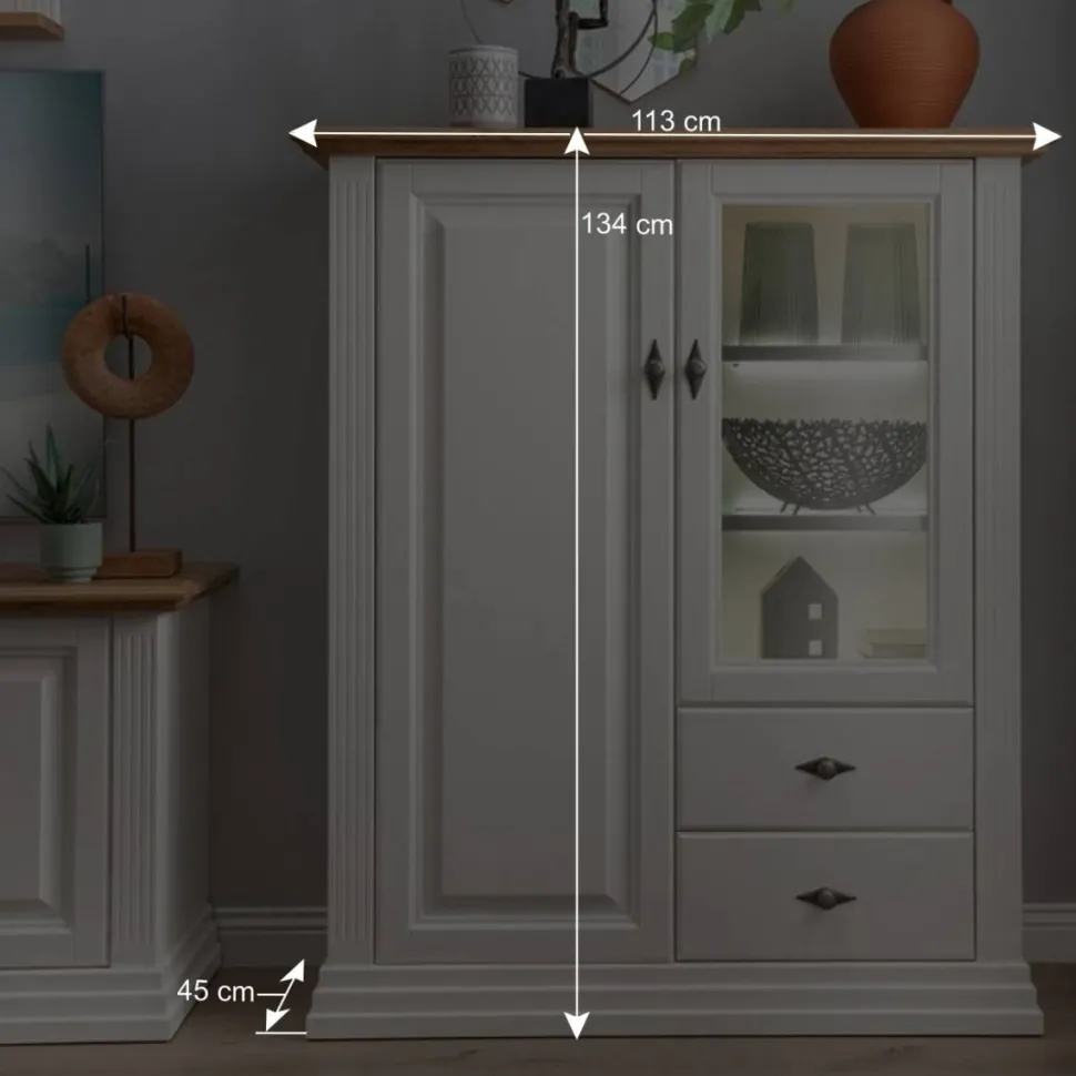 113x134x45 Landhaus Highboard mit Glas-Einsatz - Henry