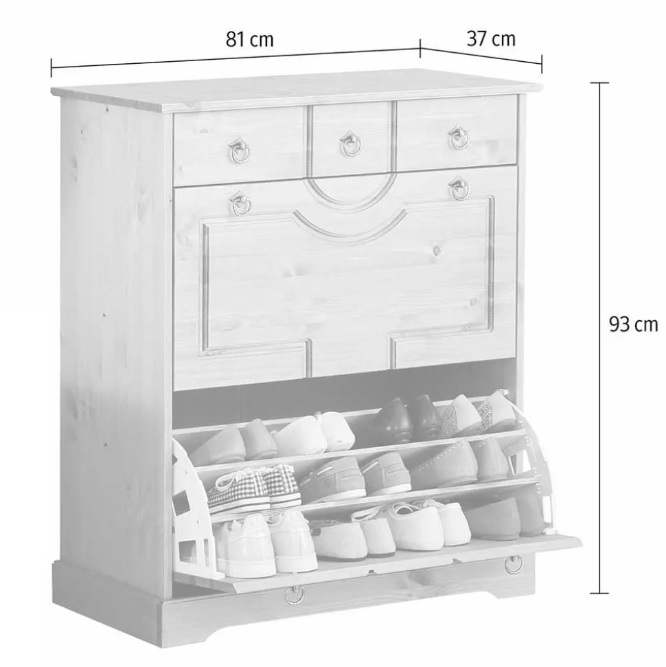 81x93x37 Landhaus Schuhschrank in Weiß gewachst - Vesrav