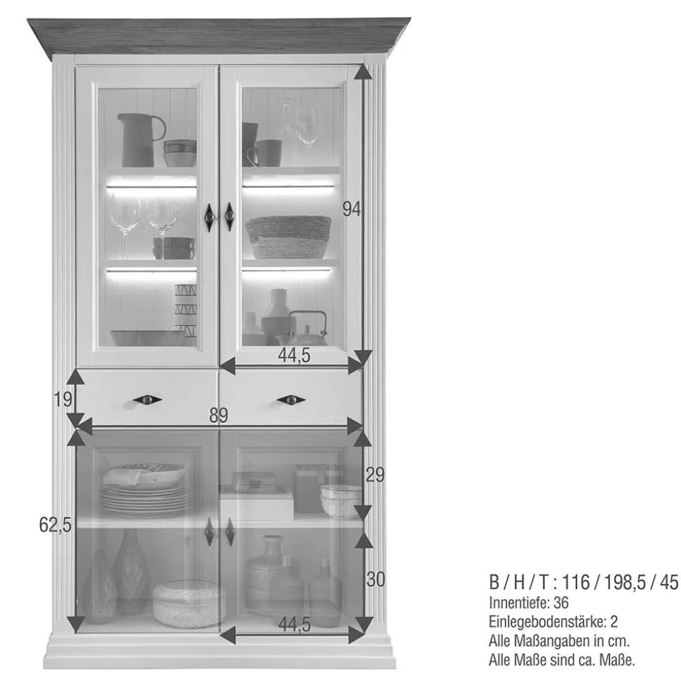 116x199x45 Landhaus Vitrinenschrank in Weiß - Henry