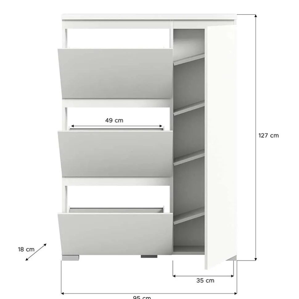 95x127x18 Midi Schuhschrank mit drei Klappen & Tür - Suad