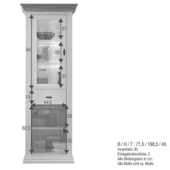 72x199x45 Modern Country Vitrinenschrank in Weiß - Henry