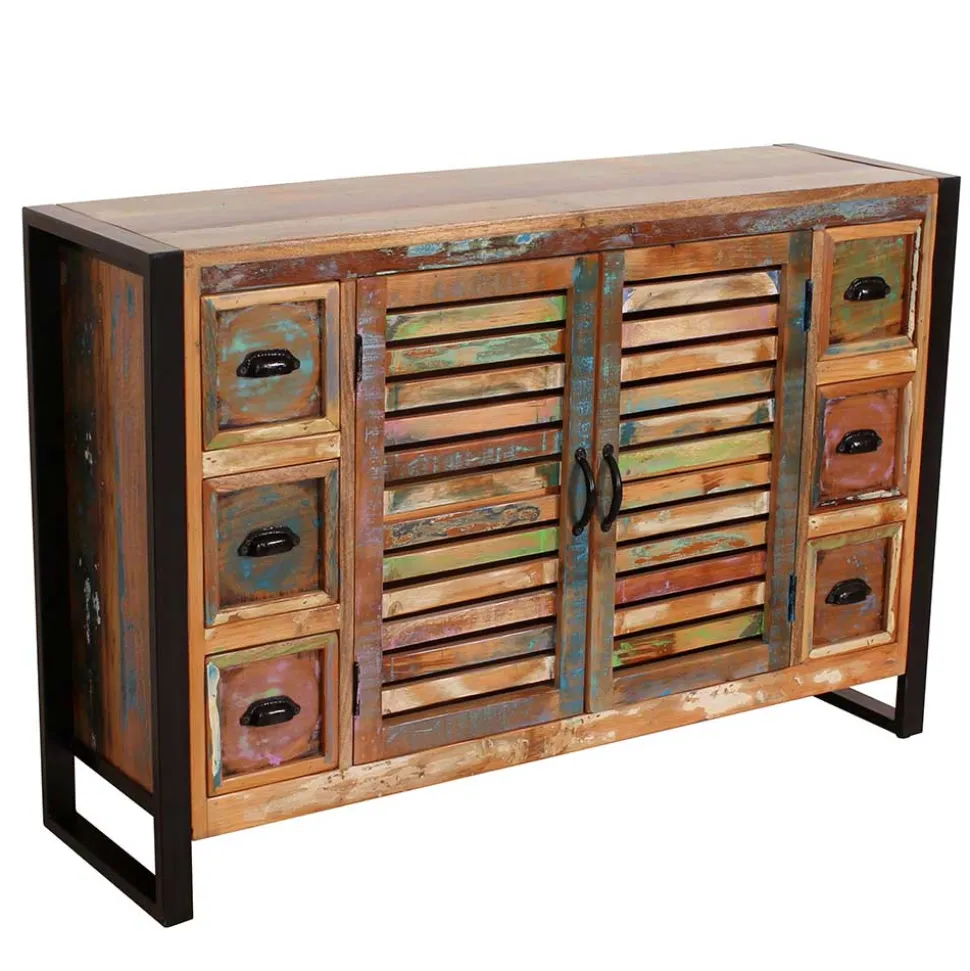 120x80x35 Shabby Chic Kommode aus buntem Altholz - Vosbadus