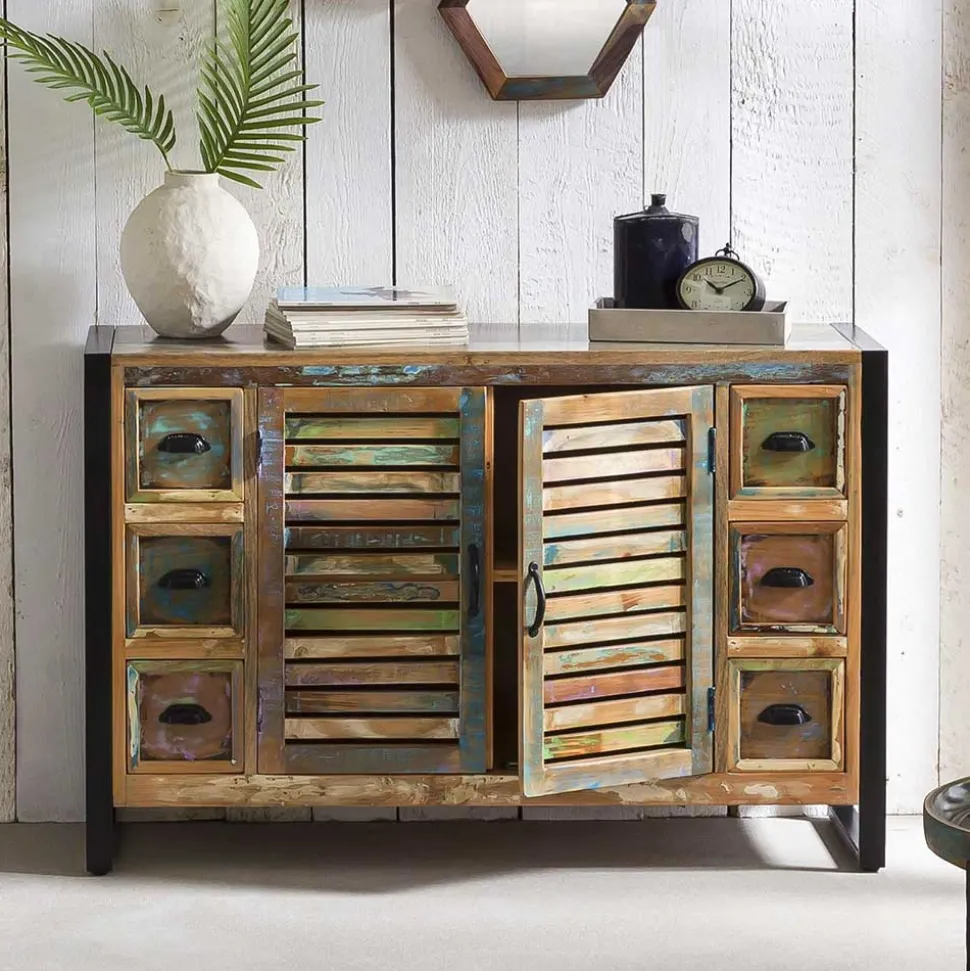 120x80x35 Shabby Chic Kommode aus buntem Altholz - Vosbadus