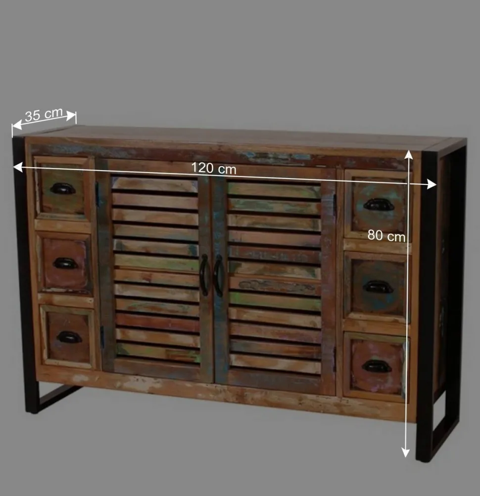 120x80x35 Shabby Chic Kommode aus buntem Altholz - Vosbadus