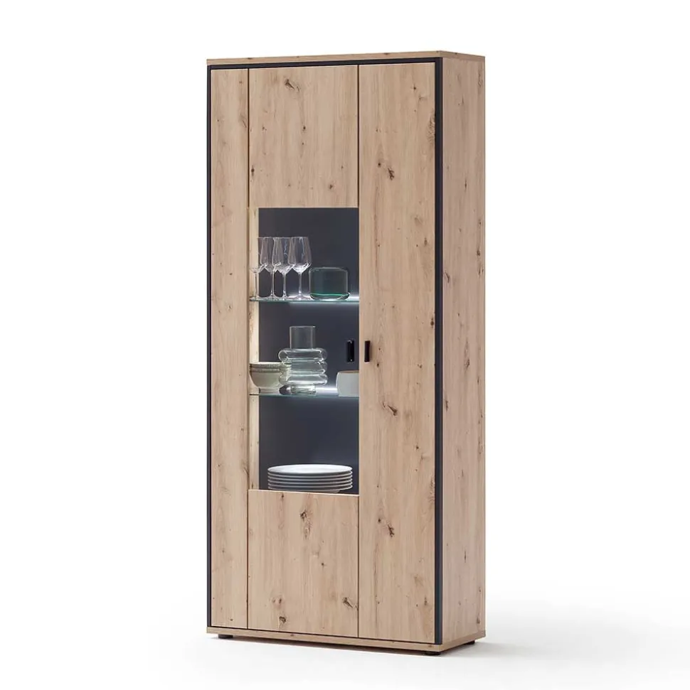 93x210x38 Vitrinenschrank in Eiche Holzdekor - Nikdus