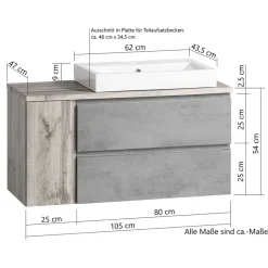105x63x47 Waschtisch hängend in Wildeiche & Beton - Mia