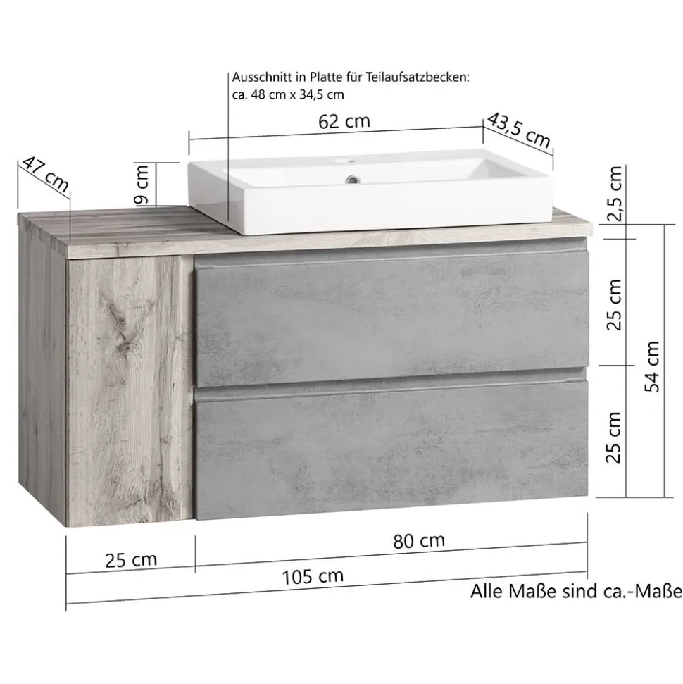 105x63x47 Waschtisch hängend in Wildeiche & Beton - Mia