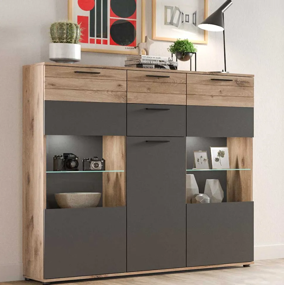 140x134x37 Wohnzimmerschrank Highboard mit Glas - Lucios